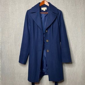 [ Michael Kors ] Navy Wool Blend Trench Coat | Size 12 | Oversized Belted Coat